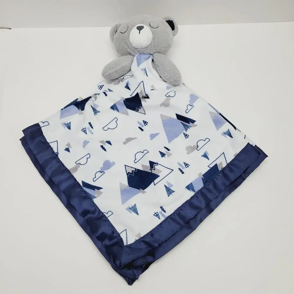 Just Born Bear Baby Blanket White Grey Blue Mountains Satin Security Lovey 24